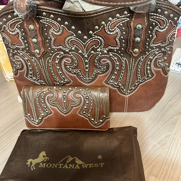 Montana West Brown Embroidered Women's Bag concealed carry section with wallet - Picture 1 of 11